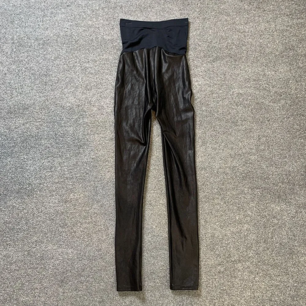 Spanx Leggings Womens S Small Black Mama Faux Leather Maternity Coated Stretch